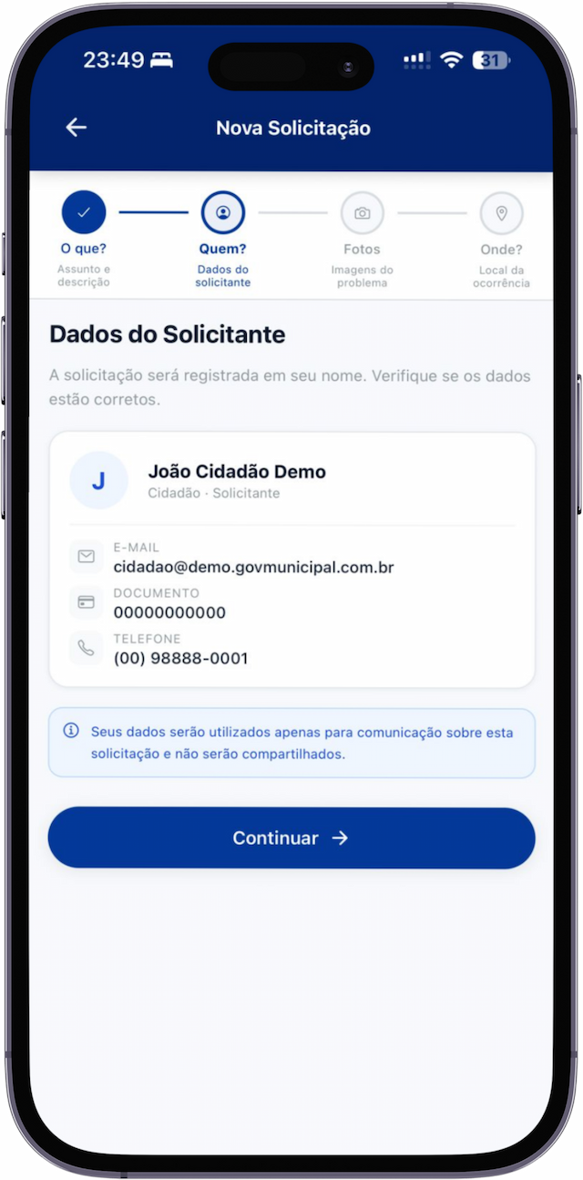 Nova solicitação — passo 2