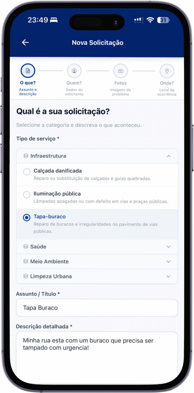 Nova solicitação — passo 1